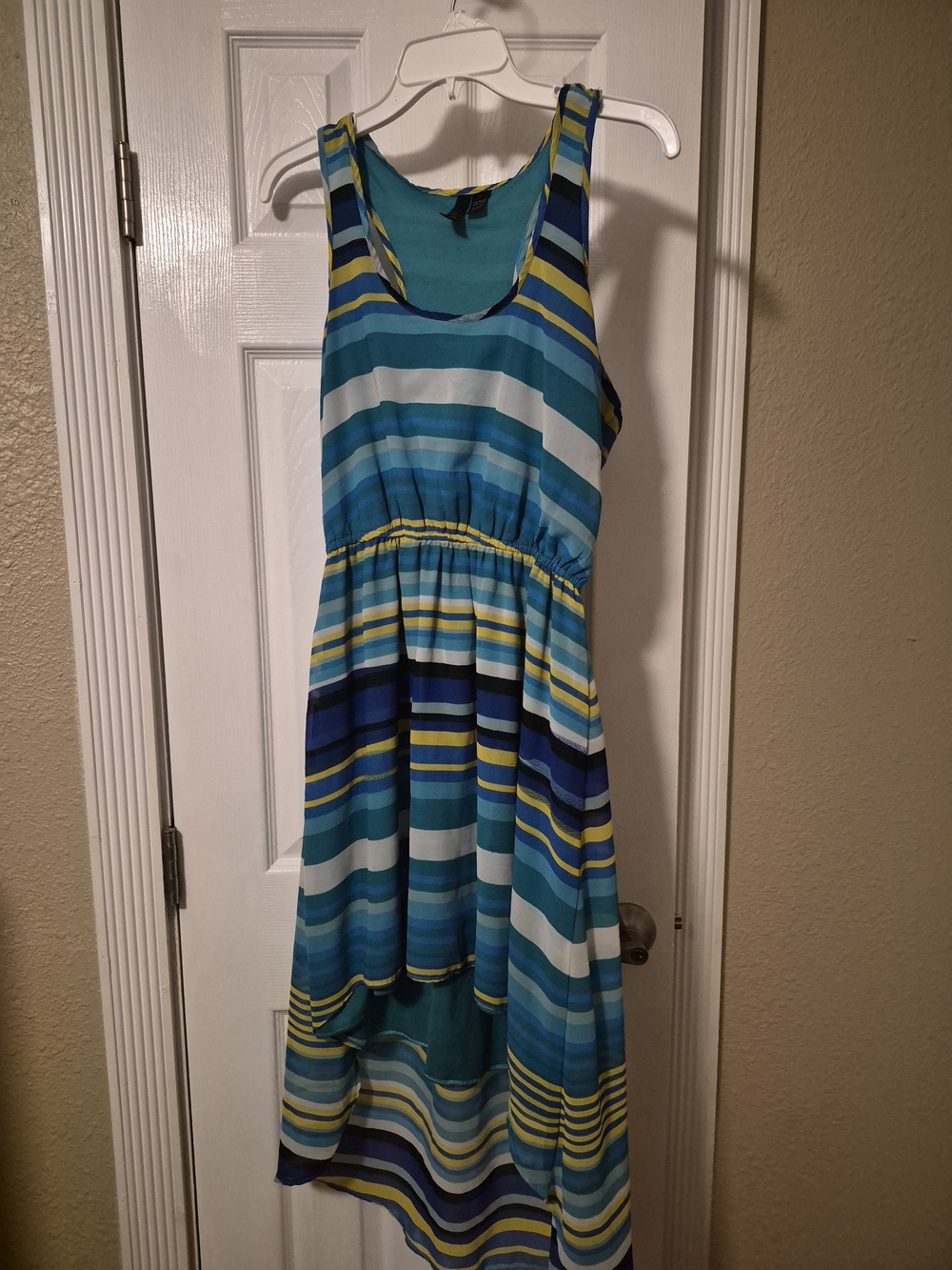 Striped Teal & Blue Sleeveless High Low Dress